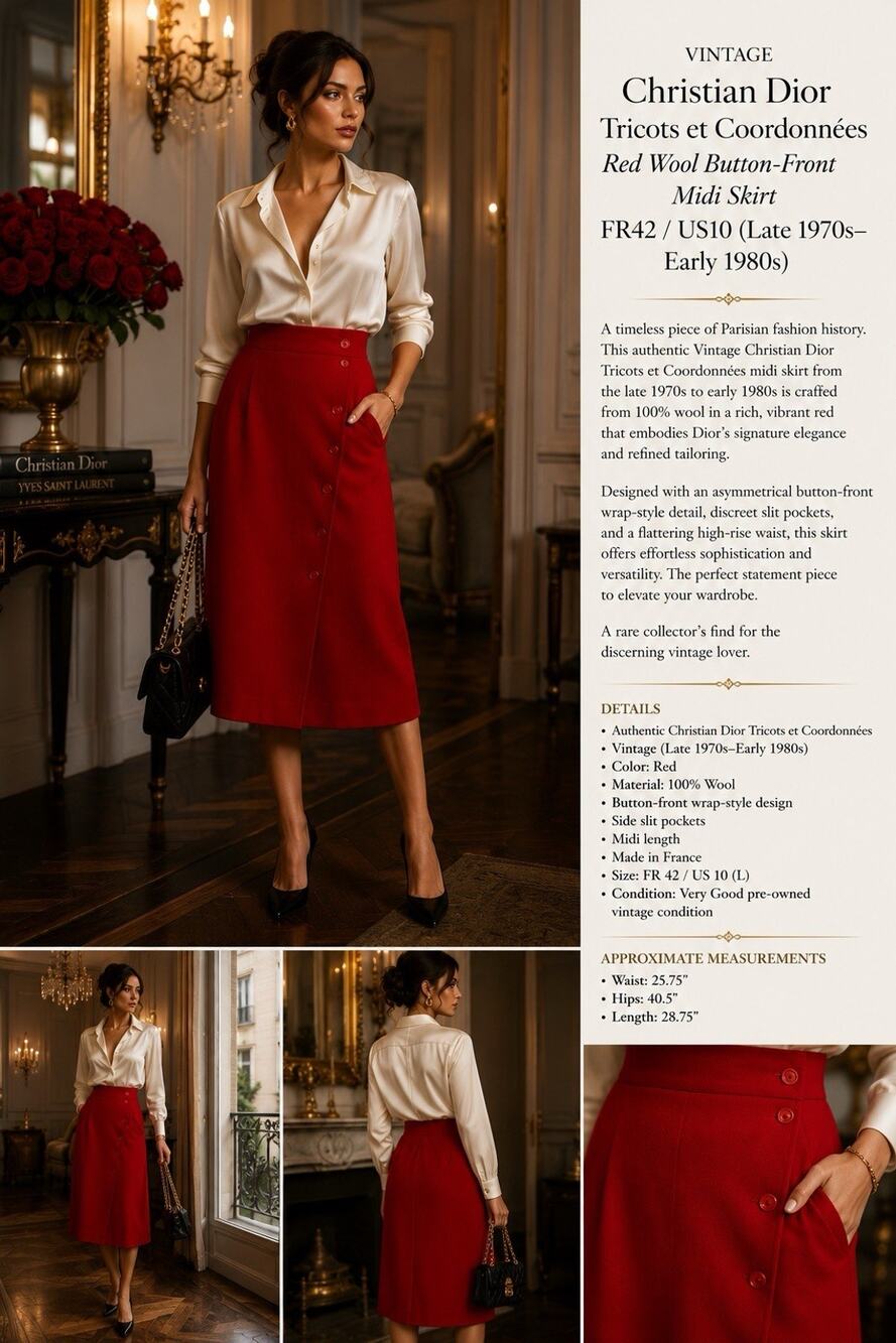 Vintage Christian Dior Red Wool Button Front Midi Skirt FR42 US10-Late 1970s